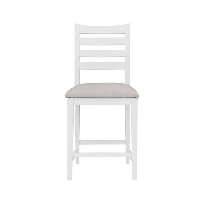 Set of two Flynn counter stools with white upholstered seats and wooden legs, ideal for kitchen or bar area.