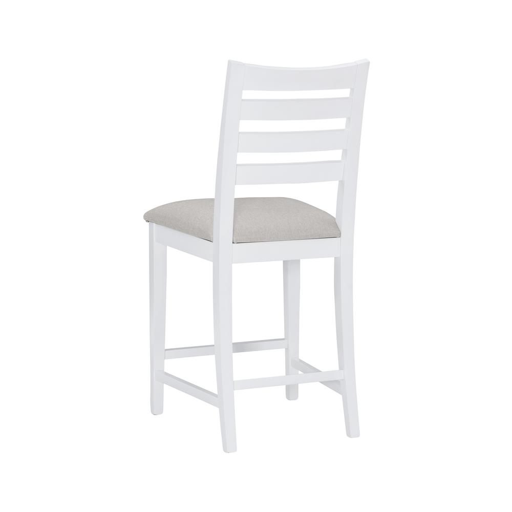 Set of two white upholstered Flynn counter stools by Start2Finish with cushioned seats and modern design.