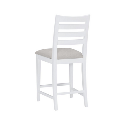 Set of two white upholstered Flynn counter stools by Start2Finish with cushioned seats and modern design.