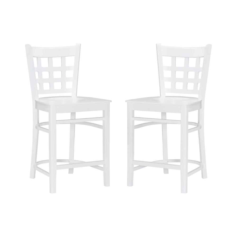 Set of two white Lola counter stools by Start2Finish, featuring sleek modern design and wooden legs for kitchen or bar area.
