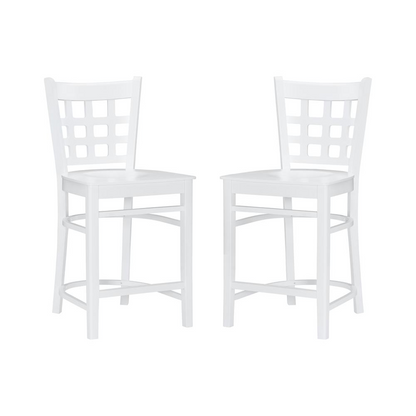 Set of two white Lola counter stools by Start2Finish, featuring sleek modern design and wooden legs for kitchen or bar area.