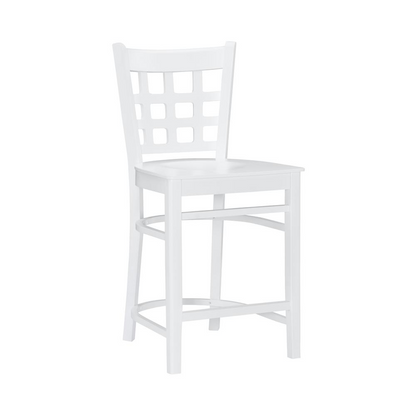 Set of two white Lola counter stools by Start2Finish, featuring modern design with wooden legs and cushioned seats.