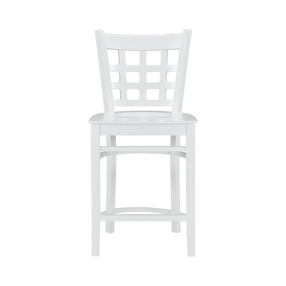 Set of two white Lola Counter Stools by Start2Finish with sleek wooden legs and cushioned seats, ideal for kitchen or bar areas.