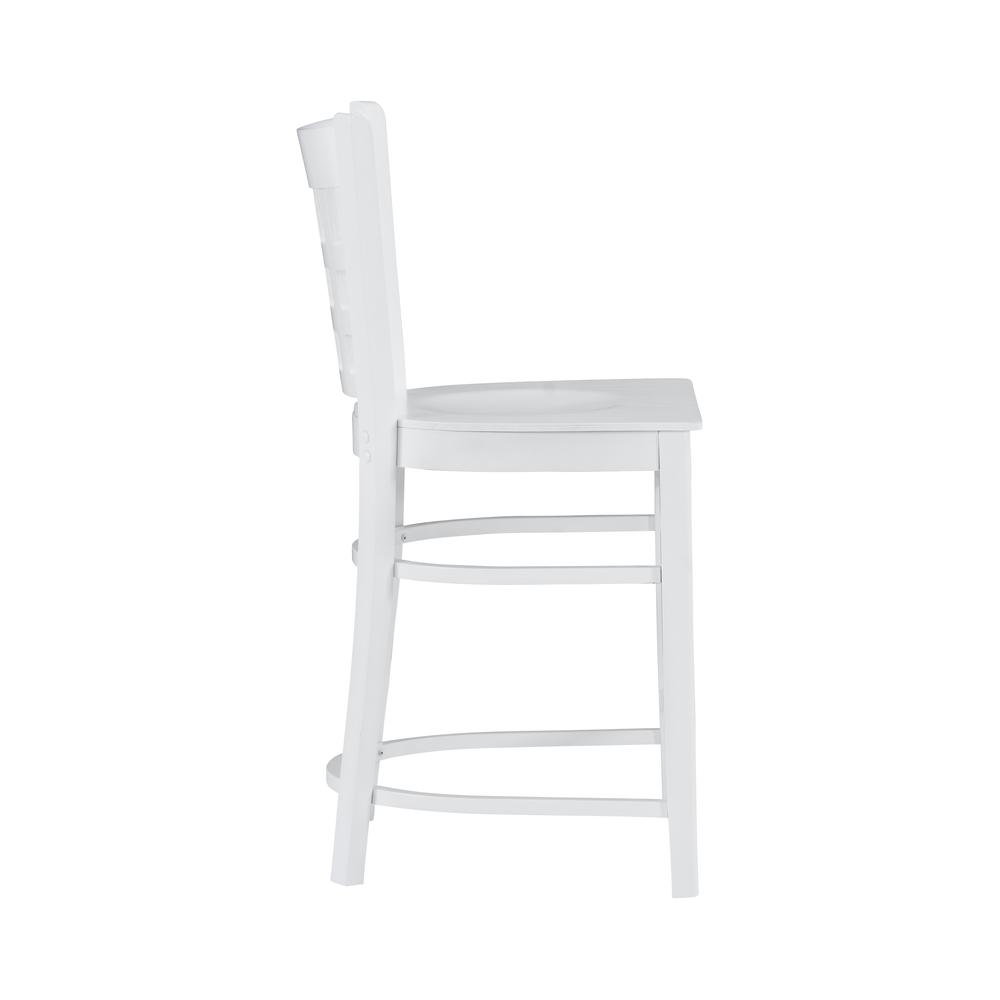 Set of two white Lola counter stools by Start2Finish, featuring modern design and sturdy metal legs for kitchen or bar seating.