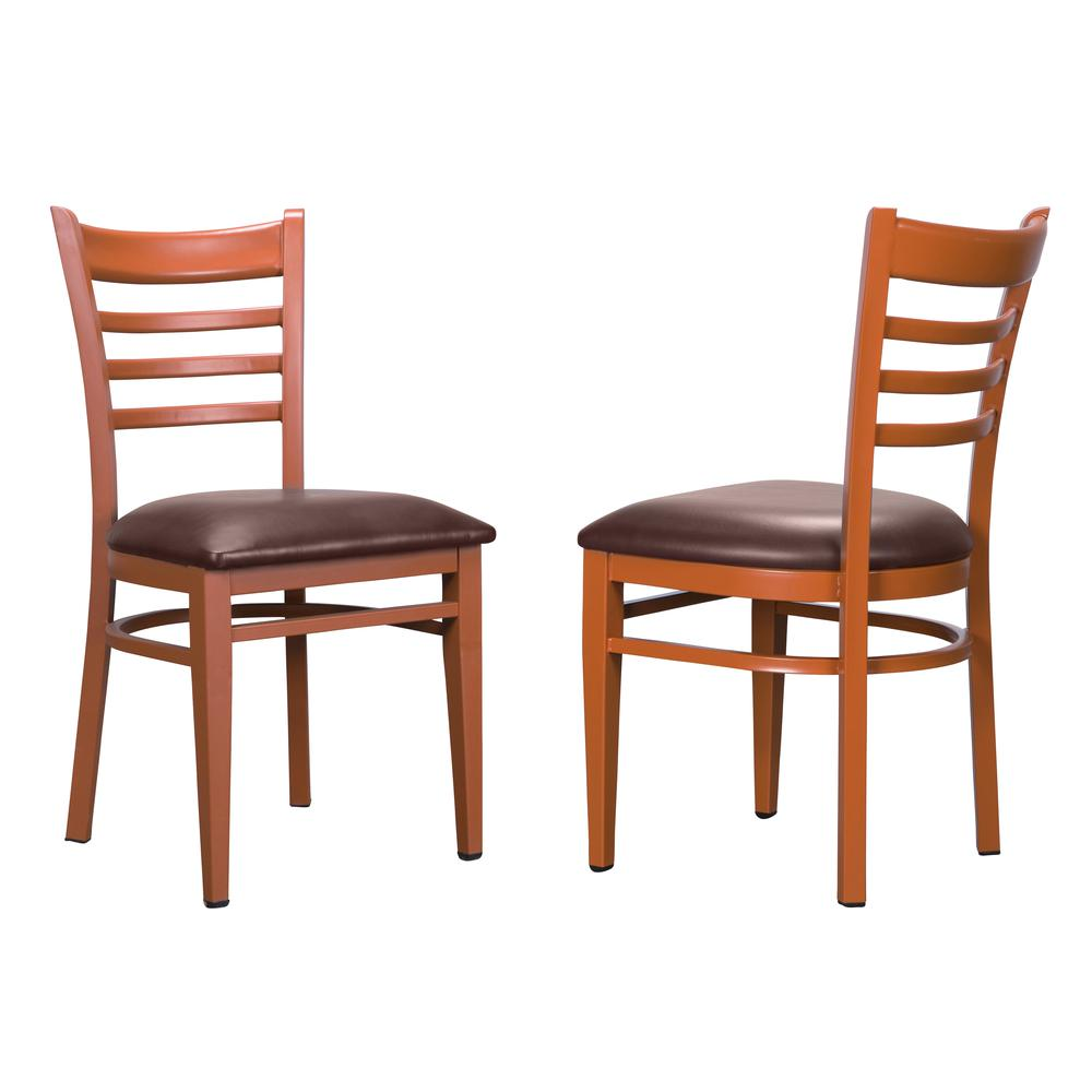 Set of two Start2Finish Baxter metal side chairs in honey burgundy with curved backs and metal frame detailing.