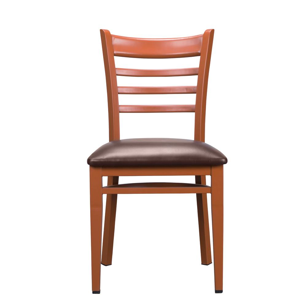 Set of two Baxter metal side chairs in honey and burgundy colors, featuring sleek design and sturdy metal construction.