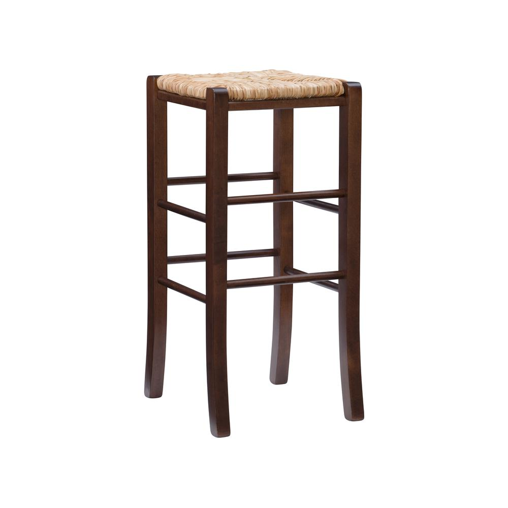 Pair of Start2Finish Gianna backless barstools in walnut wood with sleek, modern design, showing smooth seats and sturdy legs.