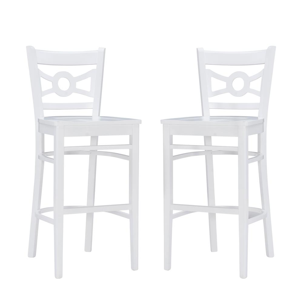 Pair of white Teresa barstools by Start2Finish, featuring modern design and sturdy wooden legs, set against a neutral background.