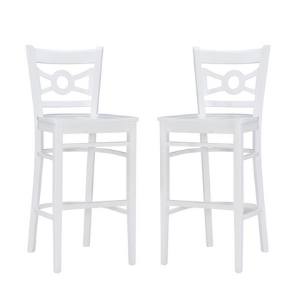 Pair of white Teresa barstools by Start2Finish, featuring modern design and sturdy wooden legs, set against a neutral background.