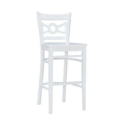 Pair of white Teresa barstools by Start2Finish, featuring modern furniture design, with sleek seats and sturdy wooden legs.