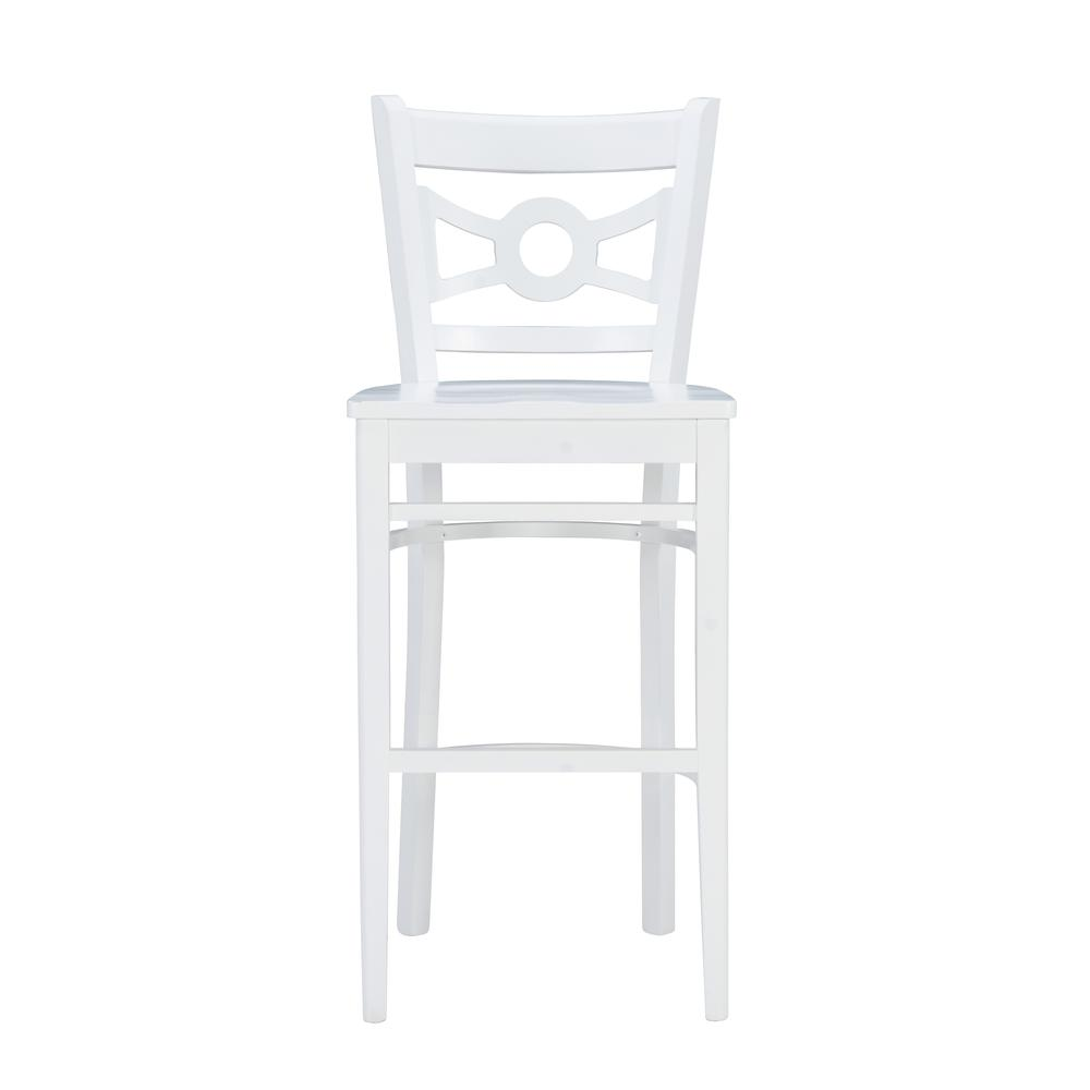 Two white Teresa barstools by Start2Finish with sleek modern design, featuring sturdy legs and comfortable seats.