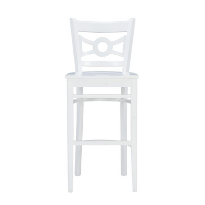 Two white Teresa barstools by Start2Finish with sleek modern design, featuring sturdy legs and comfortable seats.