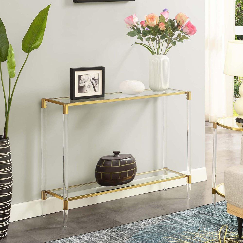 Royal Crest 2-tier acrylic glass console table by Start2Finish featuring clear acrylic shelves and sleek modern design.