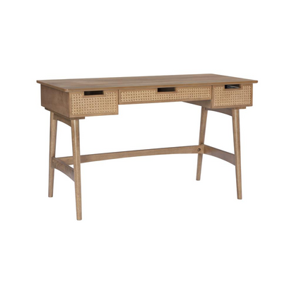 Start2Finish Ryker Rattan Desk, stylish furniture with a rattan tabletop and wooden legs, ideal for modern home office decor.