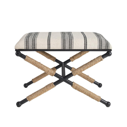 Start2Finish Logue Campaign Ottoman with cushioned fabric top and wooden legs for versatile home or office seating.