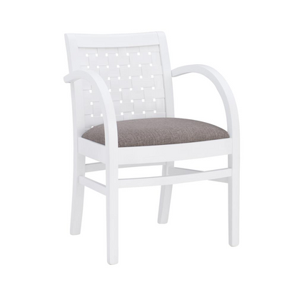 Start2Finish Samantha woven arm chair in white with a cushioned seat and armrests, showcasing a stylish and comfortable design.