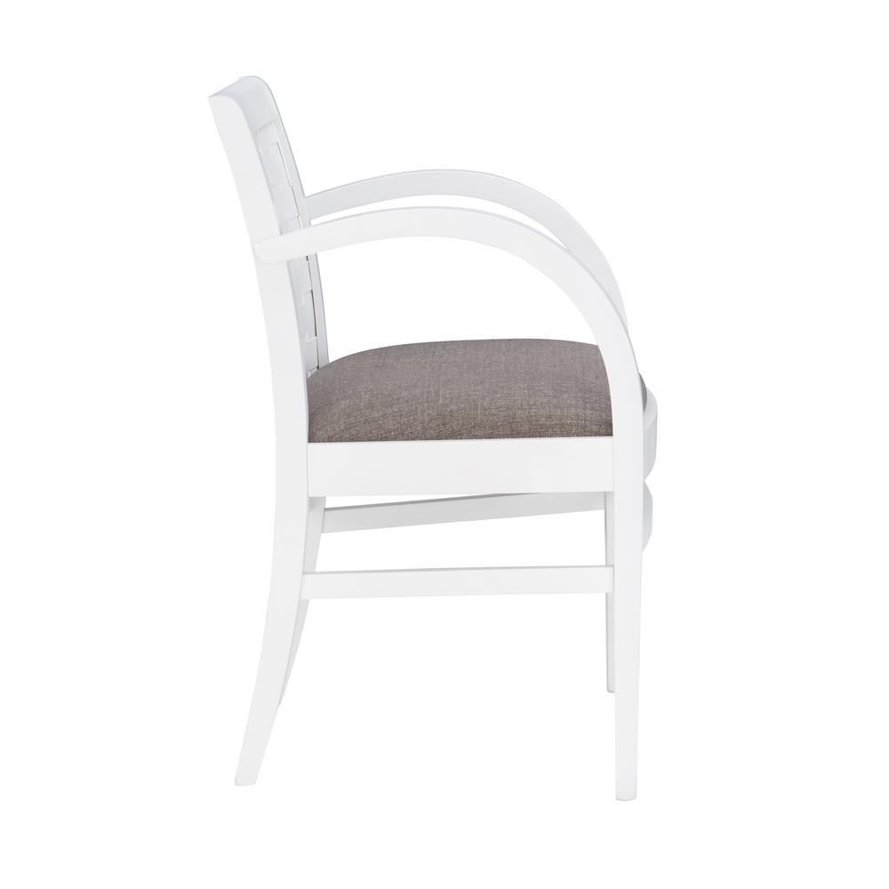 White Samantha woven arm chair by Start2Finish with a modern, textured design and wooden legs, shown from a side angle.