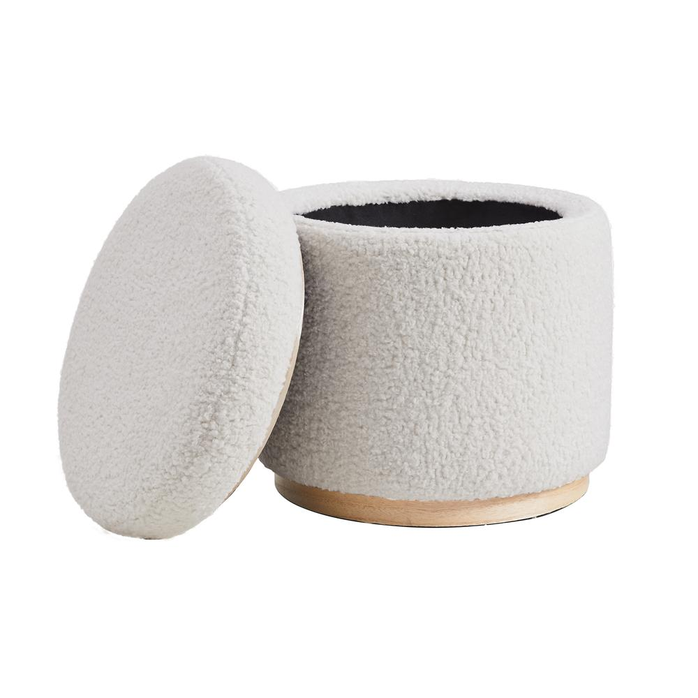 Natural Blanche Storage Ottoman by Start2Finish featuring a cushioned top and wooden legs in a compact, versatile furniture design.