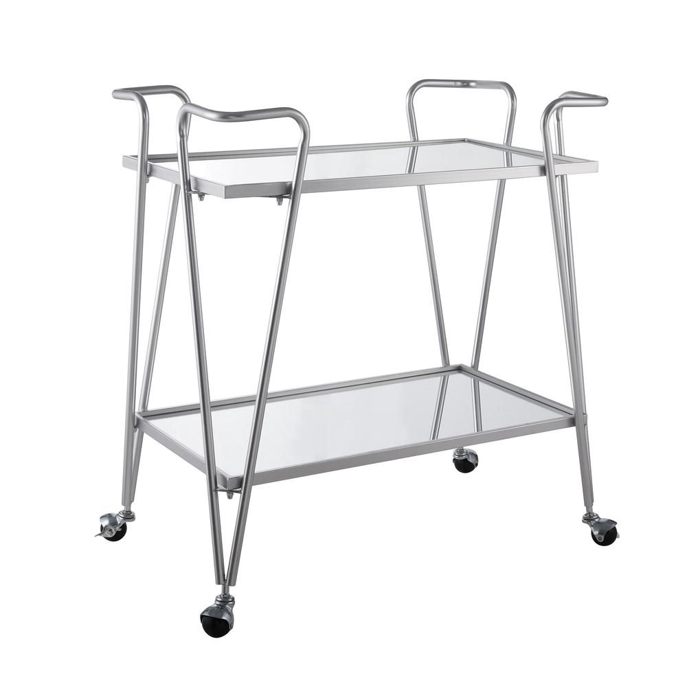 Silver mid-century bar cart with two tiers and metal frame, stylish furniture piece for drinks and serving.
