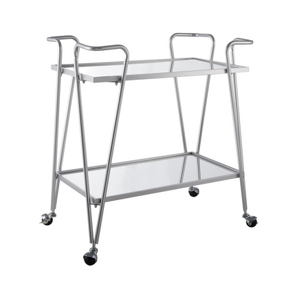 Silver mid-century bar cart with two tiers and metal frame, stylish furniture piece for drinks and serving.
