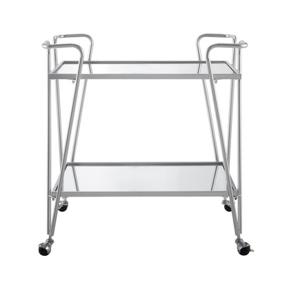 Silver Mid-Century Bar Cart from Start2Finish, featuring a sleek metal frame and two glass shelves for stylish beverage storage.