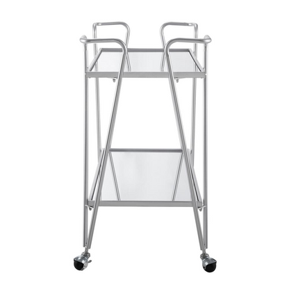 Silver Mid-Century Bar Cart by Start2Finish, featuring a sleek metal frame and two glass shelves for stylish beverage storage.