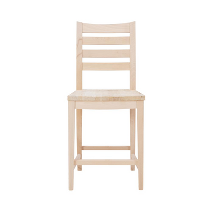 Two unfinished Flynn counter stools by Start2Finish, showcasing wooden frames and simple design for kitchen or bar seating.