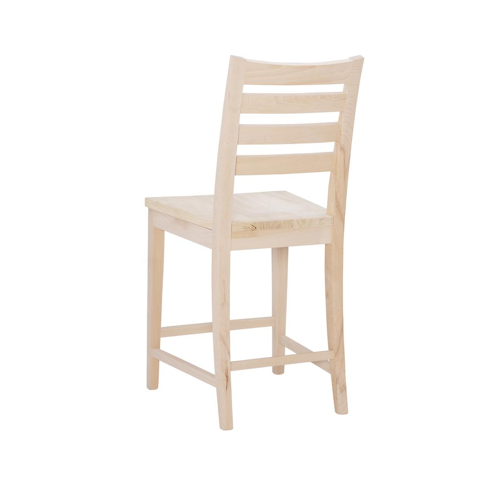 Pair of unfinished Flynn counter stools by Start2Finish, showcasing wooden seats and legs in natural wood finish.