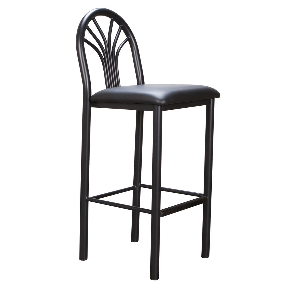 Pair of black Thayer barstools by Start2Finish, featuring sleek wooden legs and cushioned seats, ideal for modern kitchen or bar area.