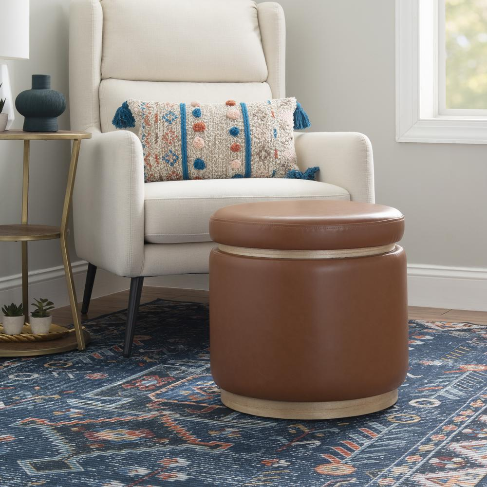 Start2Finish Blanche Storage Ottoman in caramel faux leather, showing the plush top and spacious interior for storing essentials.