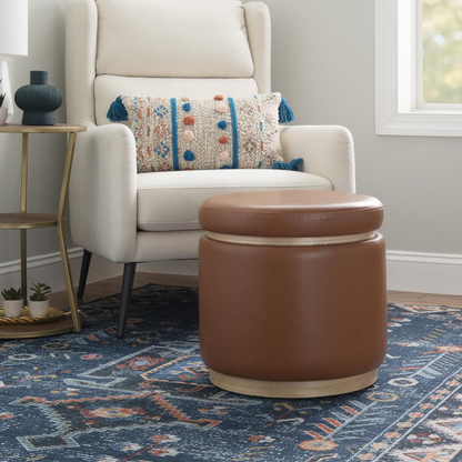 Start2Finish Blanche Storage Ottoman in caramel faux leather, showing the plush top and spacious interior for storing essentials.