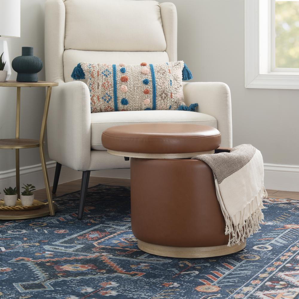 Start2Finish Blanche Storage Ottoman in caramel faux PU leather, featuring a versatile, functional design with a cushioned top.