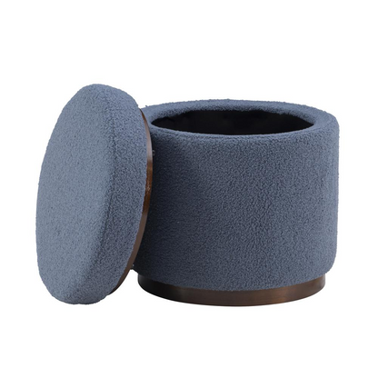 Blue Gry Walnut Blanche storage ottoman by Start2Finish with a cushioned top and wooden legs, ideal for living room storage.