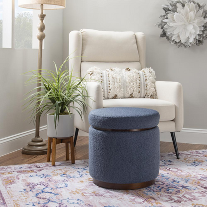 Start2Finish Blanche storage ottoman in blue with gry walnut finish, featuring a cushioned top and spacious interior for storage.