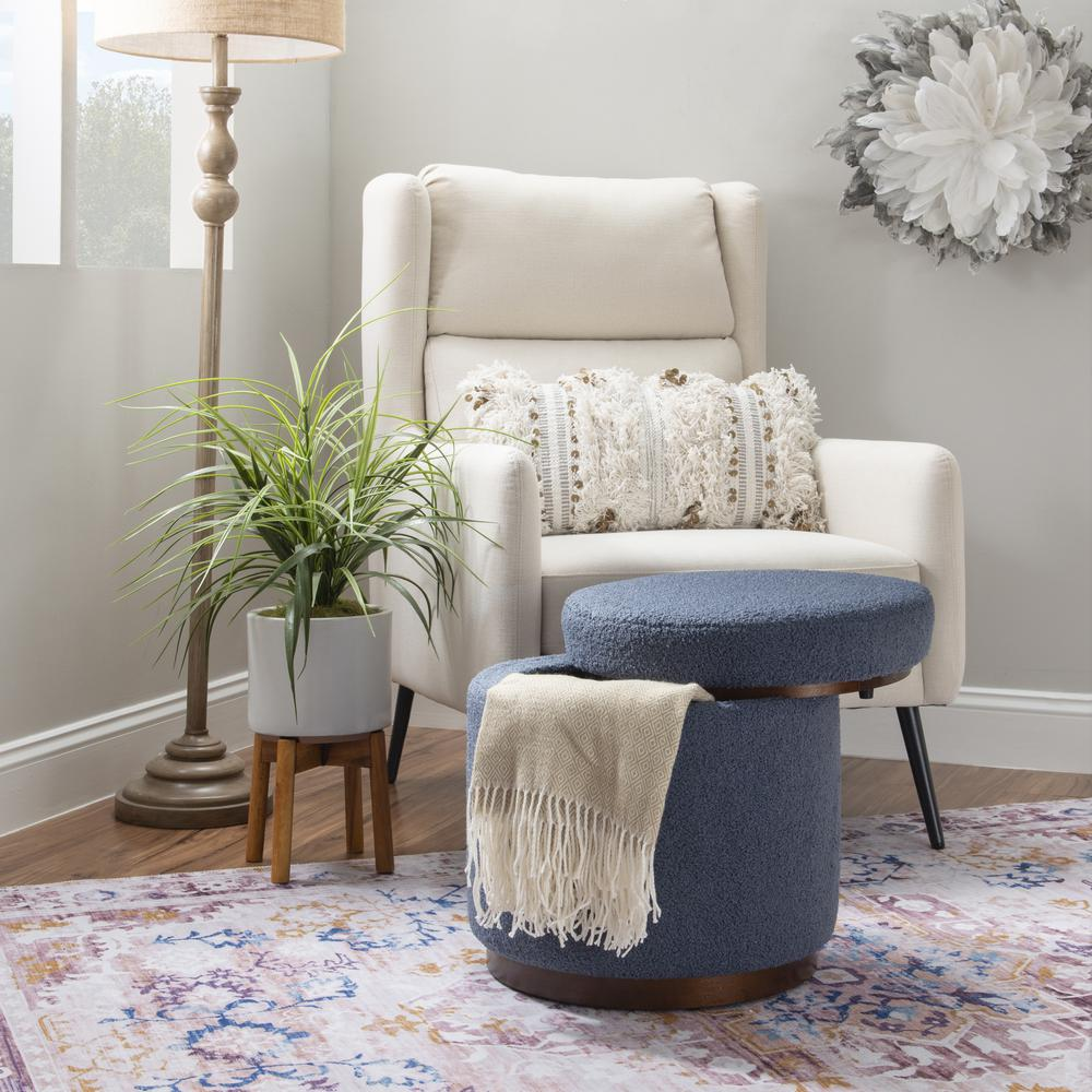 Blue Gry Walnut Blanche storage ottoman by Start2Finish with a cushioned top and wood finish, ideal for living room storage.