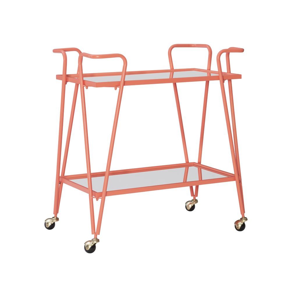 Start2Finish coral mid-century bar cart with two shelves and metal frame, stylish furniture piece for home bar or living room.
