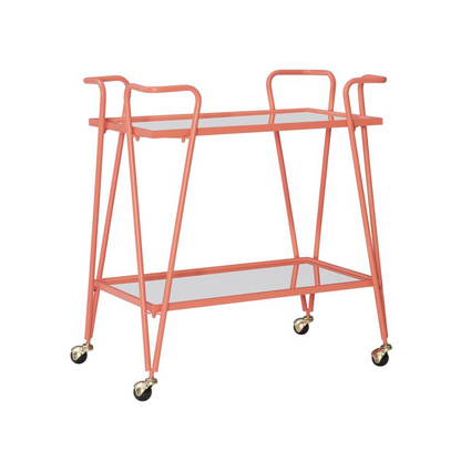 Start2Finish coral mid-century bar cart with two shelves and metal frame, stylish furniture piece for home bar or living room.