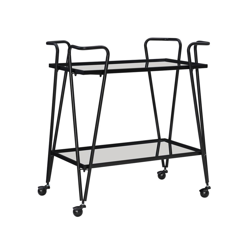 Black mid-century bar cart by Start2Finish, featuring two shelves and casters for stylish beverage storage and mobility.