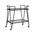 Black mid-century bar cart by Start2Finish, featuring two shelves and casters for stylish beverage storage and mobility.