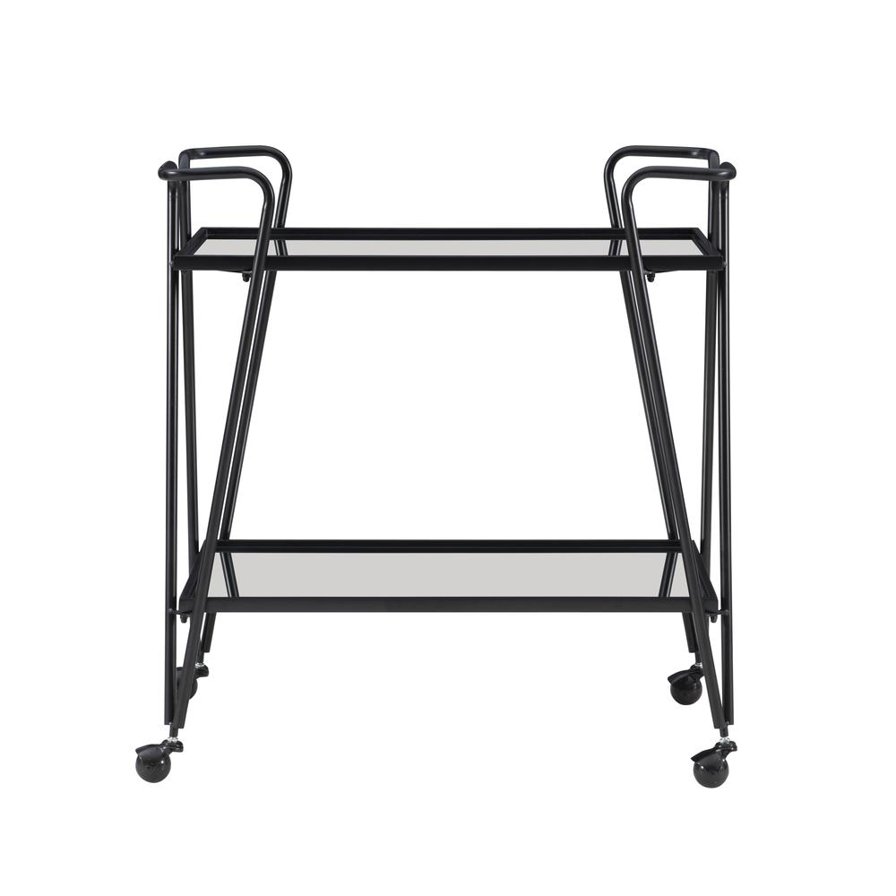 Black mid-century style bar cart from Start2Finish with two shelves and casters, perfect for serving drinks and showcasing bottles.