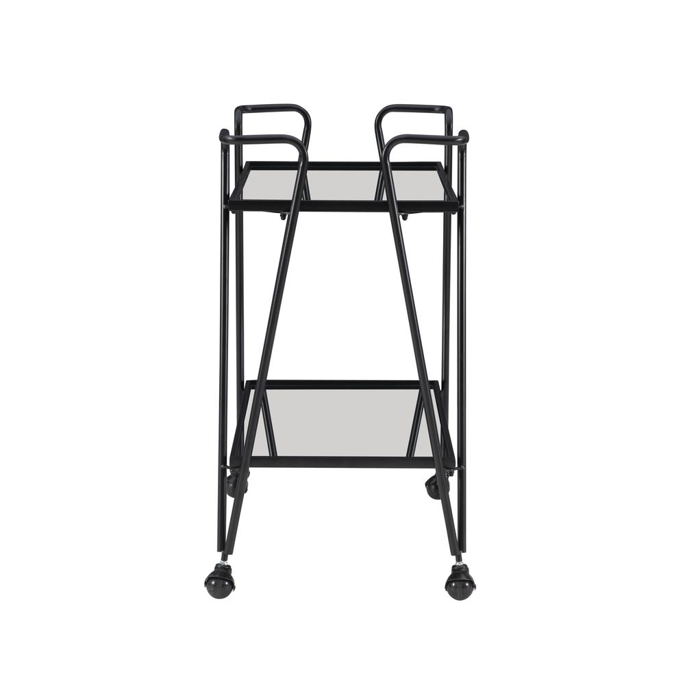 Black mid-century bar cart from Start2Finish with two shelves and metal frame, showcasing a stylish furniture piece for entertaining.