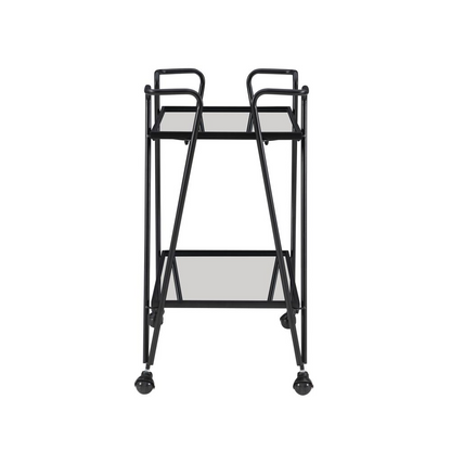Black mid-century bar cart from Start2Finish with two shelves and metal frame, showcasing a stylish furniture piece for entertaining.