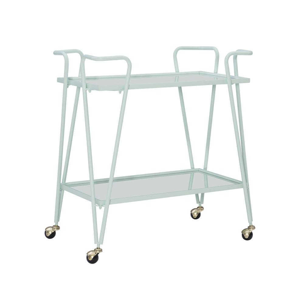 Mint mid-century bar cart from Start2Finish featuring two shelves, metal frame, and casters for stylish mobile beverage storage.