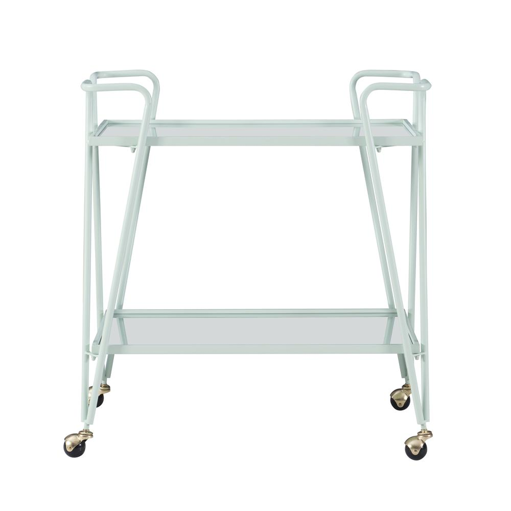 Mint green Mid-Century Bar Cart by Start2Finish, featuring a sleek metal frame and two spacious shelves for stylish beverage storage.