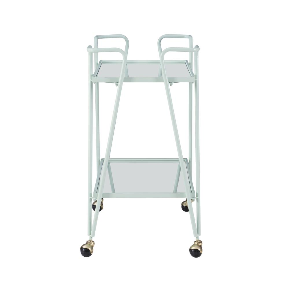 Mint mid-century bar cart from Start2Finish with two shelves and sleek metal frame, perfect for stylish home bar storage.