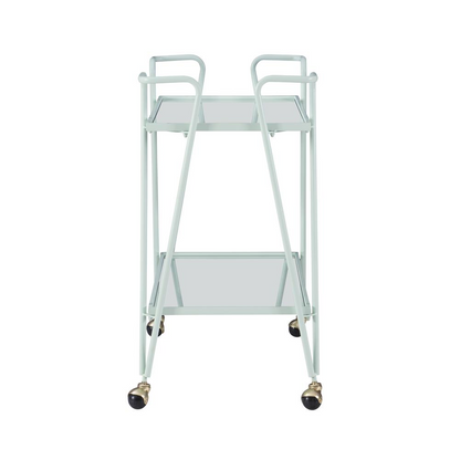 Mint mid-century bar cart from Start2Finish with two shelves and sleek metal frame, perfect for stylish home bar storage.