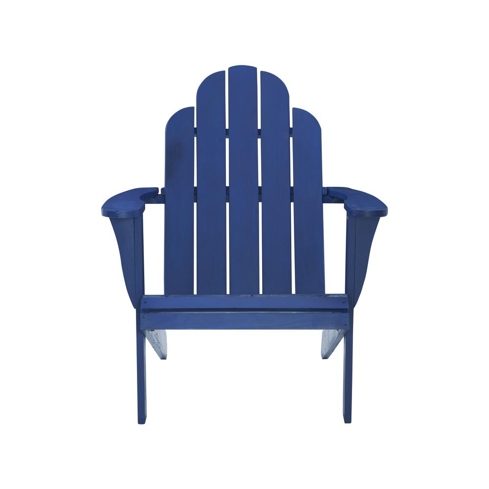 Blue Adirondack chair from Start2Finish, outdoor wooden furniture with wide armrests and slatted back for relaxed seating.