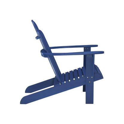Blue Adirondack chair by Start2Finish, outdoor furniture with wide armrests and slatted back for comfortable seating.