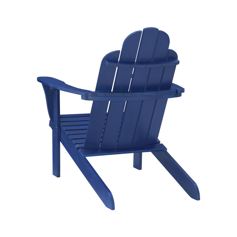 Blue Adirondack chair by Start2Finish, outdoor wooden furniture with wide armrests and slatted backrest for relaxing outdoor seating.