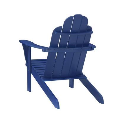 Blue Adirondack chair by Start2Finish, outdoor wooden furniture with wide armrests and slatted backrest for relaxing outdoor seating.
